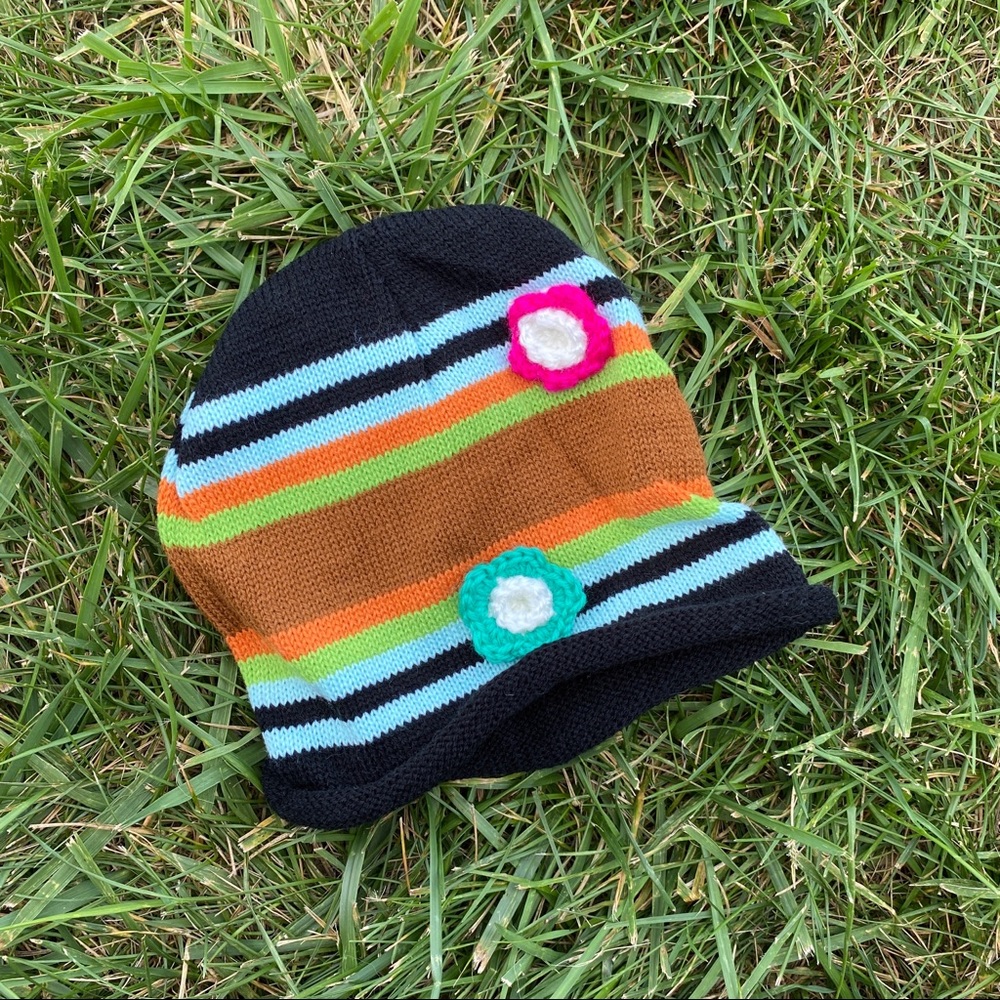 Vtg Y2K colorful knit floral flower beanie hat - Picture 1 of 2